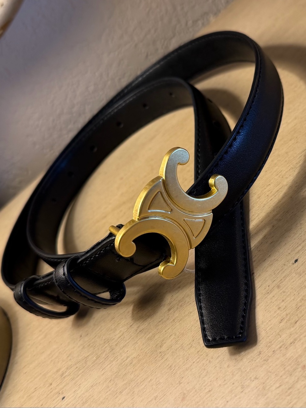 Commense Black Leather Belt with Gold Statement Buckle